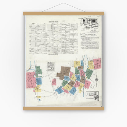 Old map wall art mockup — magnetic wood frame on white wall — Sanborn Fire Insurance Map from Milford, Worcester County, Massachusetts (1920) - Complete Map Set