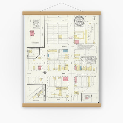 Old map wall art mockup — magnetic wood frame on white wall — Sanborn Fire Insurance Map from Texhoma, Texas County, Oklahoma and Sherman County, Texas, Oklahoma (1913) - Complete Map Set