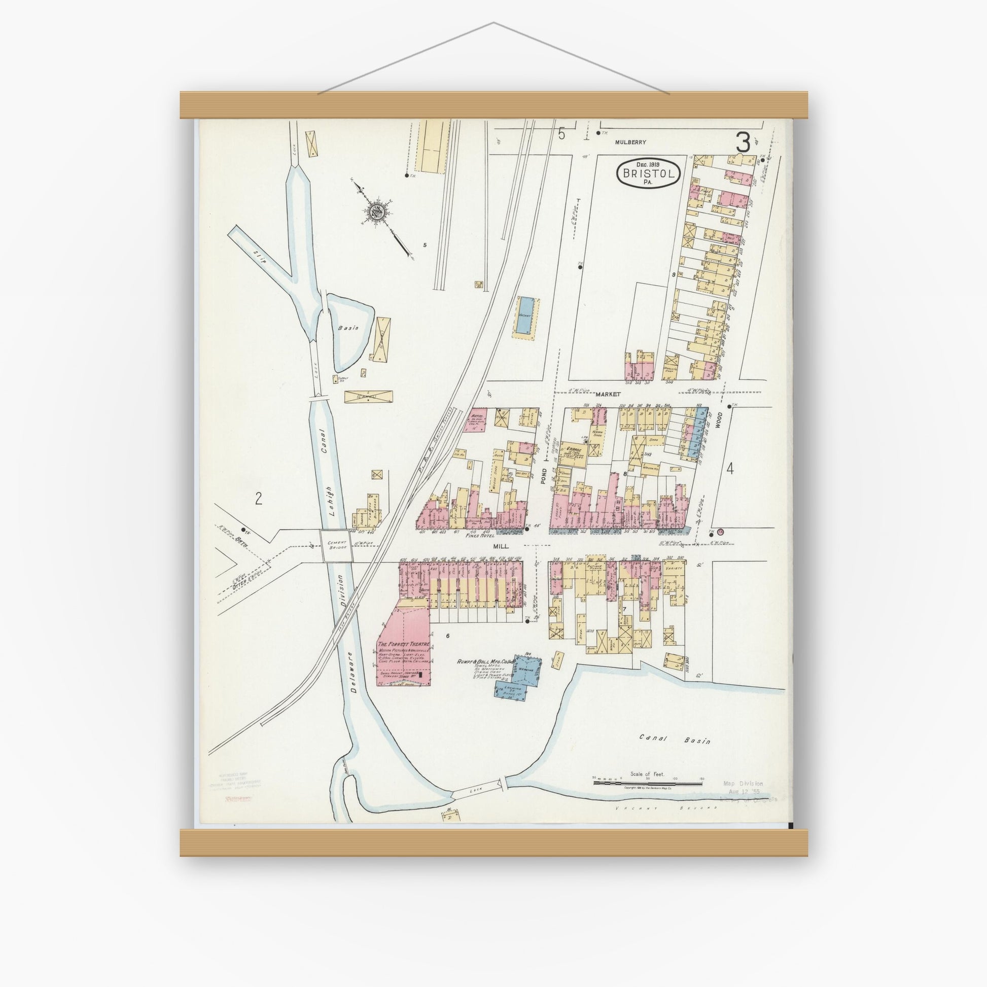 Old map wall art mockup — magnetic wood frame on white wall — Sanborn Fire Insurance Map from Bristol, Bucks County, Pennsylvania (1927), Sheet #0003