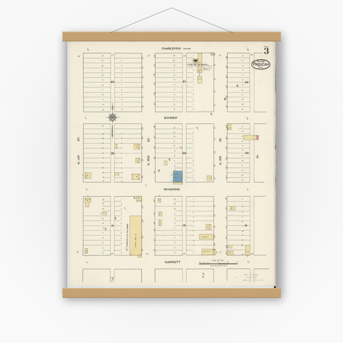 Old map wall art mockup — magnetic wood frame on white wall — Sanborn Fire Insurance Map from Paducah, Cottle County, Texas (1921), Sheet #0003