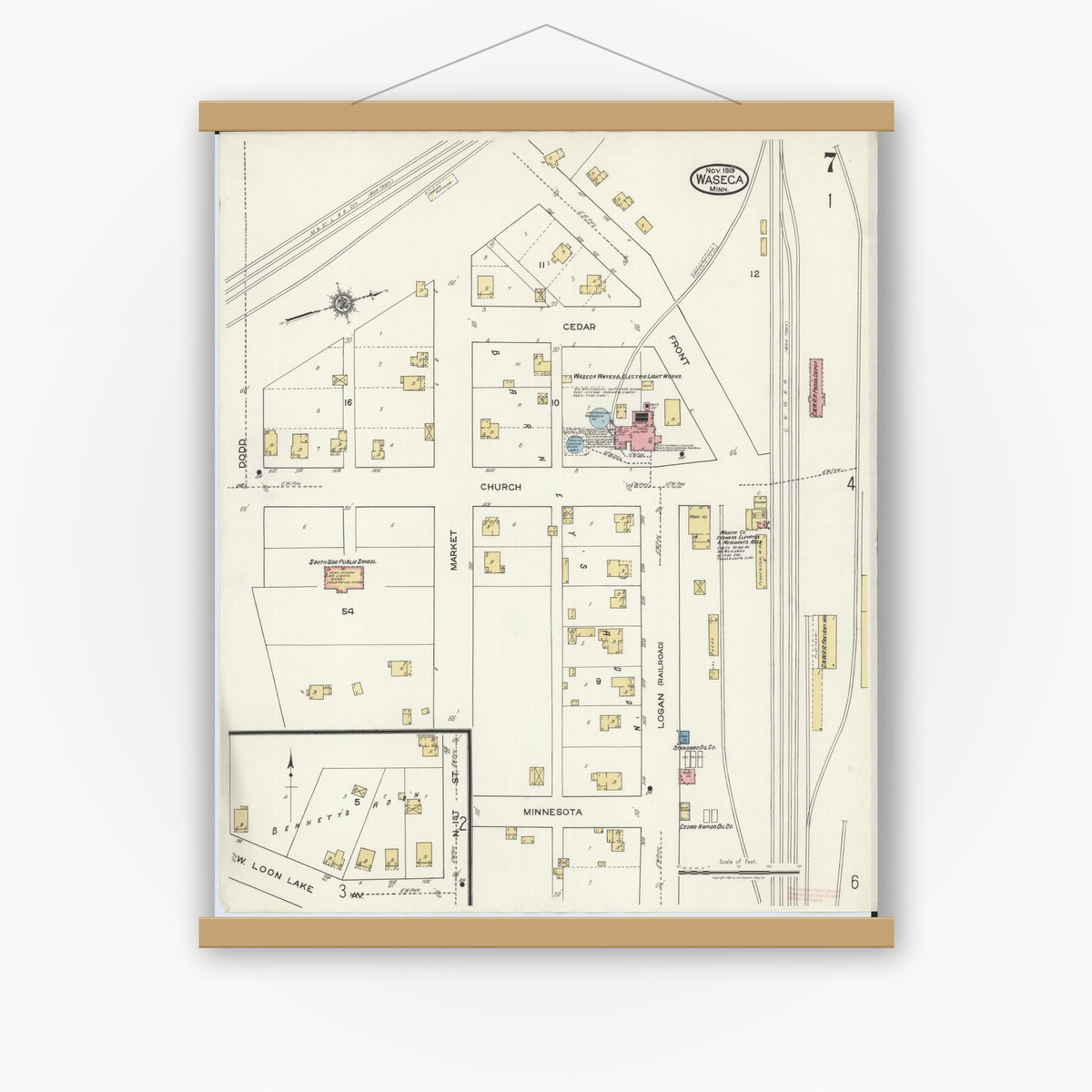 Old map wall art mockup — magnetic wood frame on white wall — Sanborn Fire Insurance Map from Waseca, Waseca County, Minnesota (1919), Sheet #0007
