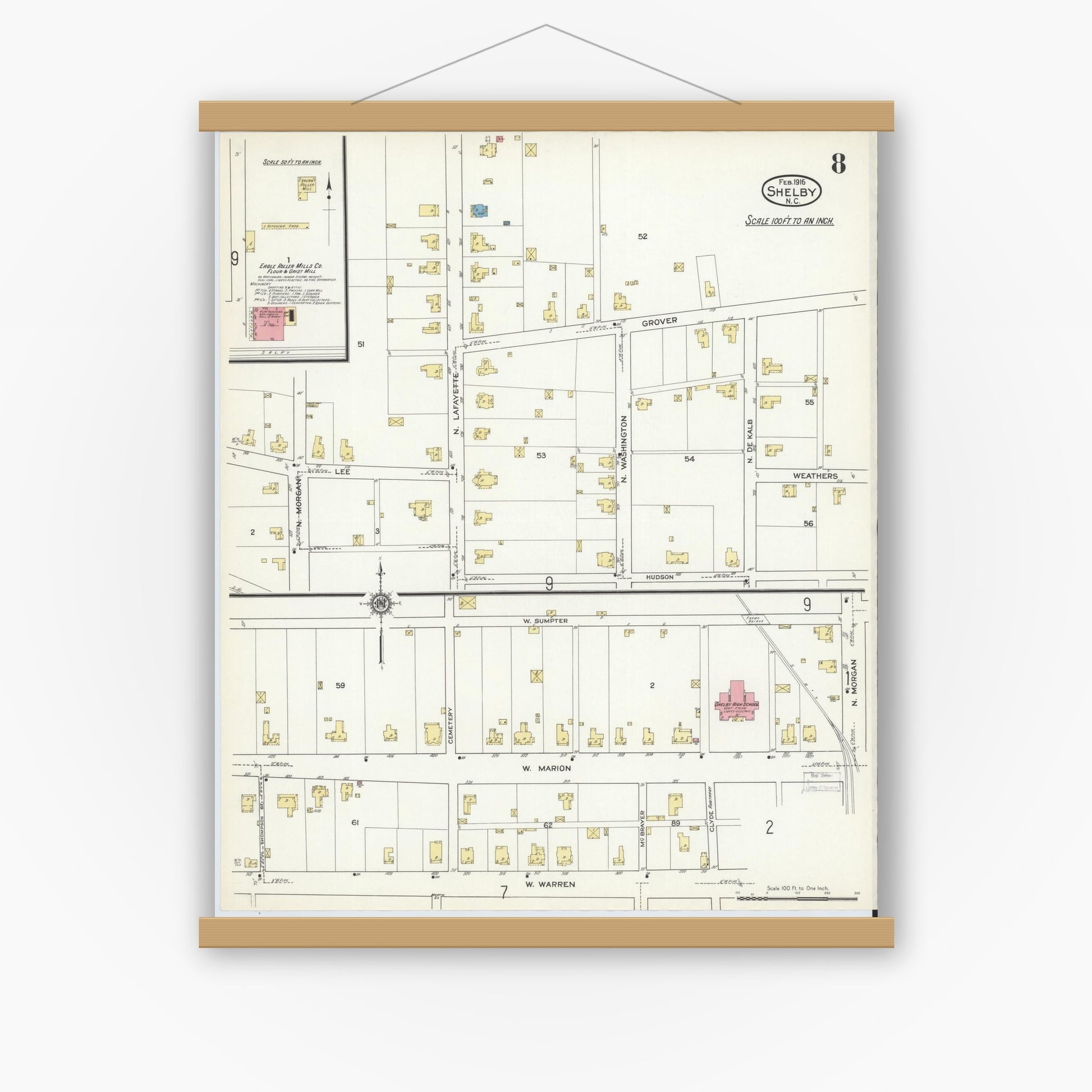Old map wall art mockup — magnetic wood frame on white wall — Sanborn Fire Insurance Map from Shelby, Cleveland County, North Carolina (1916), Sheet #0008