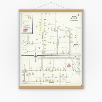 Old map wall art mockup — magnetic wood frame on white wall — Sanborn Fire Insurance Map from Shelby, Cleveland County, North Carolina (1916), Sheet #0008