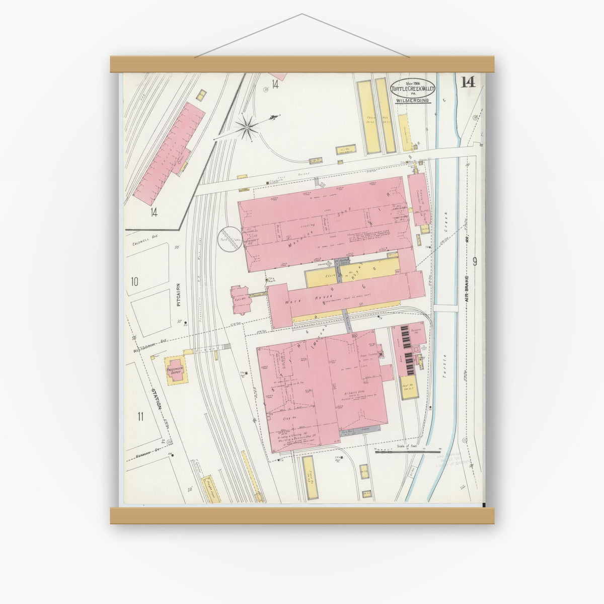 Old map wall art mockup — magnetic wood frame on white wall — Sanborn Fire Insurance Map from Turtle Creek Valley, Allegheny County, Pennsylvania (1906), Sheet #0014