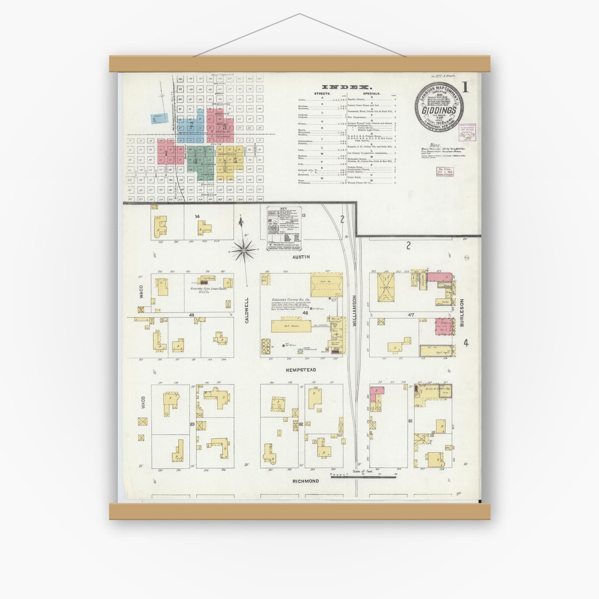 Old map wall art mockup — magnetic wood frame on white wall — Sanborn Fire Insurance Map from Giddings, Lee County, Texas (1906) - Complete Map Set