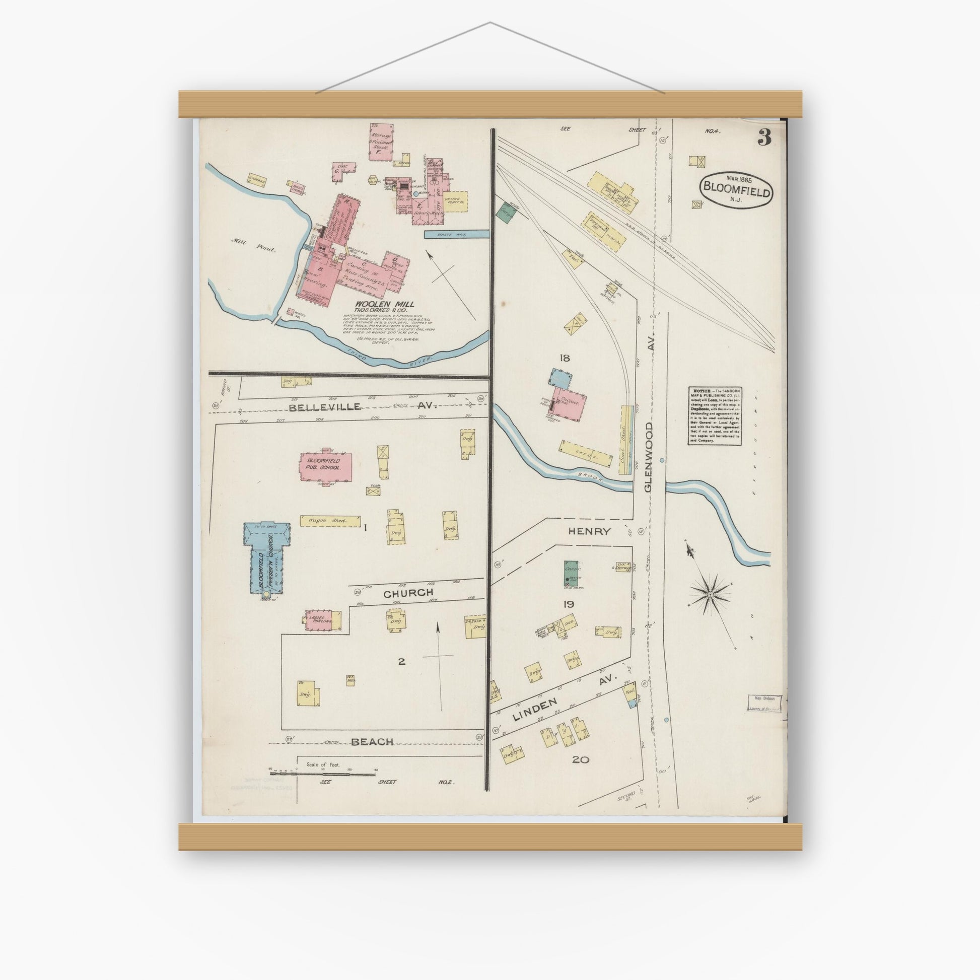 Old map wall art mockup — magnetic wood frame on white wall — Sanborn Fire Insurance Map from Bloomfield, Essex County, New Jersey (1885), Sheet #0003