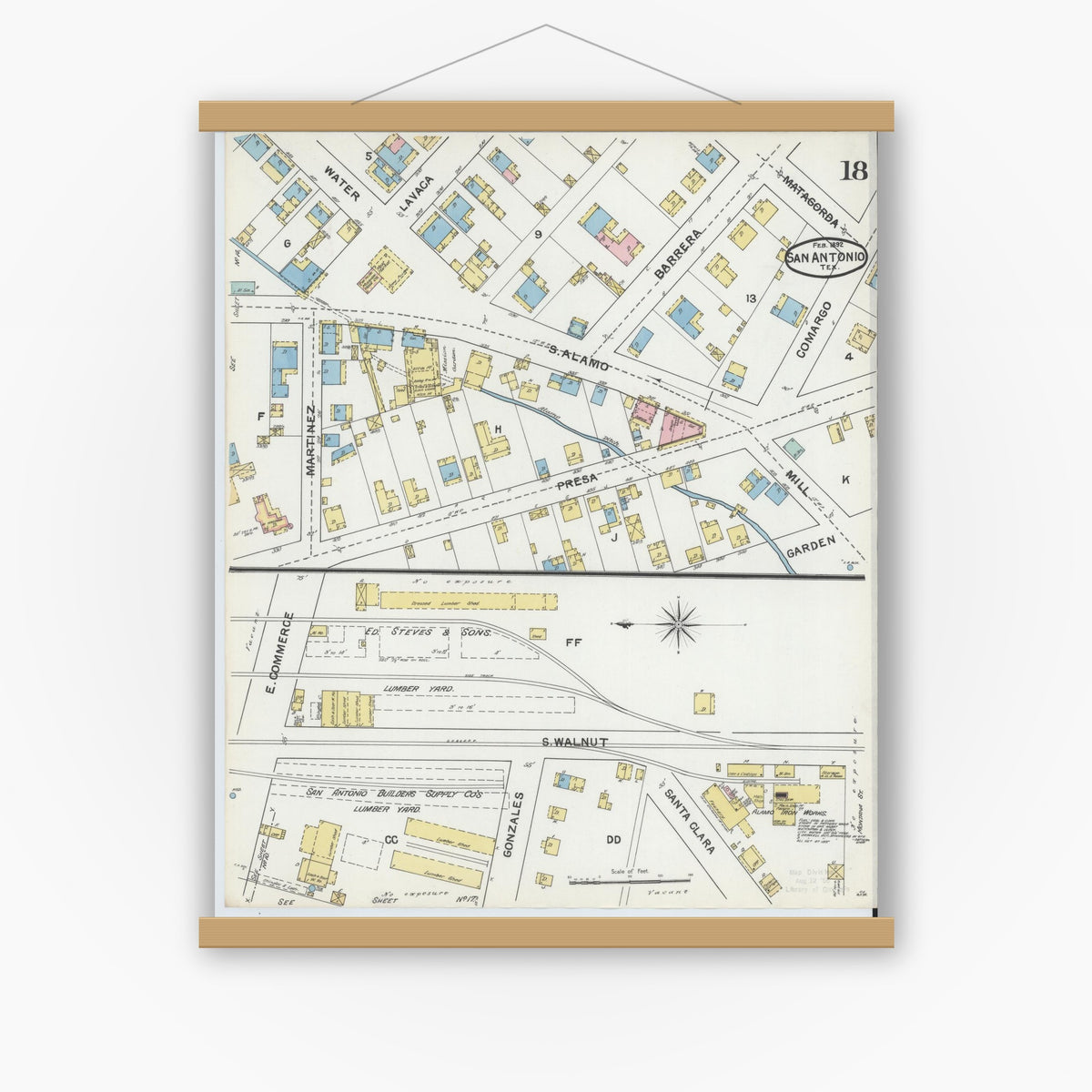 Old map wall art mockup — magnetic wood frame on white wall — Sanborn Fire Insurance Map from San Antonio, Bexar County, Texas (1892), Sheet #0018