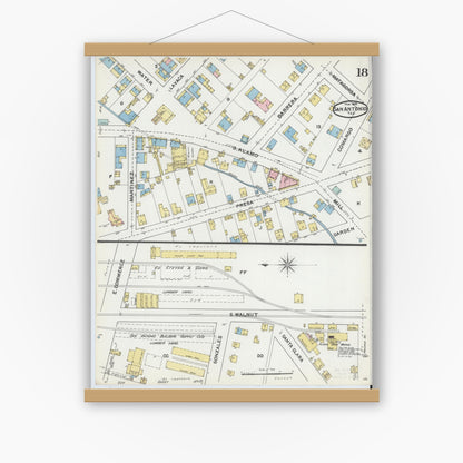 Old map wall art mockup — magnetic wood frame on white wall — Sanborn Fire Insurance Map from San Antonio, Bexar County, Texas (1892), Sheet #0018