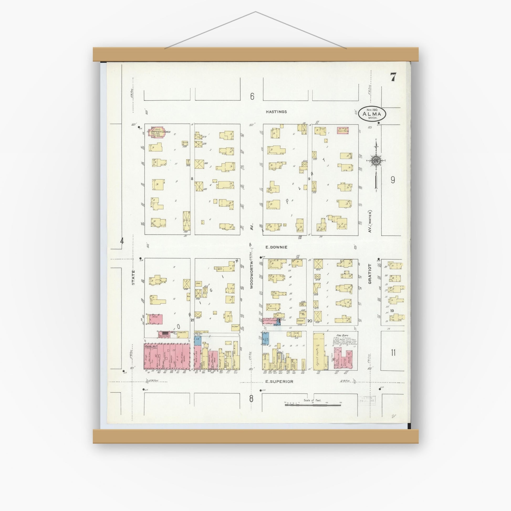 Old map wall art mockup — magnetic wood frame on white wall — Sanborn Fire Insurance Map from Alma, Gratiot County, Michigan (1910), Sheet #0007