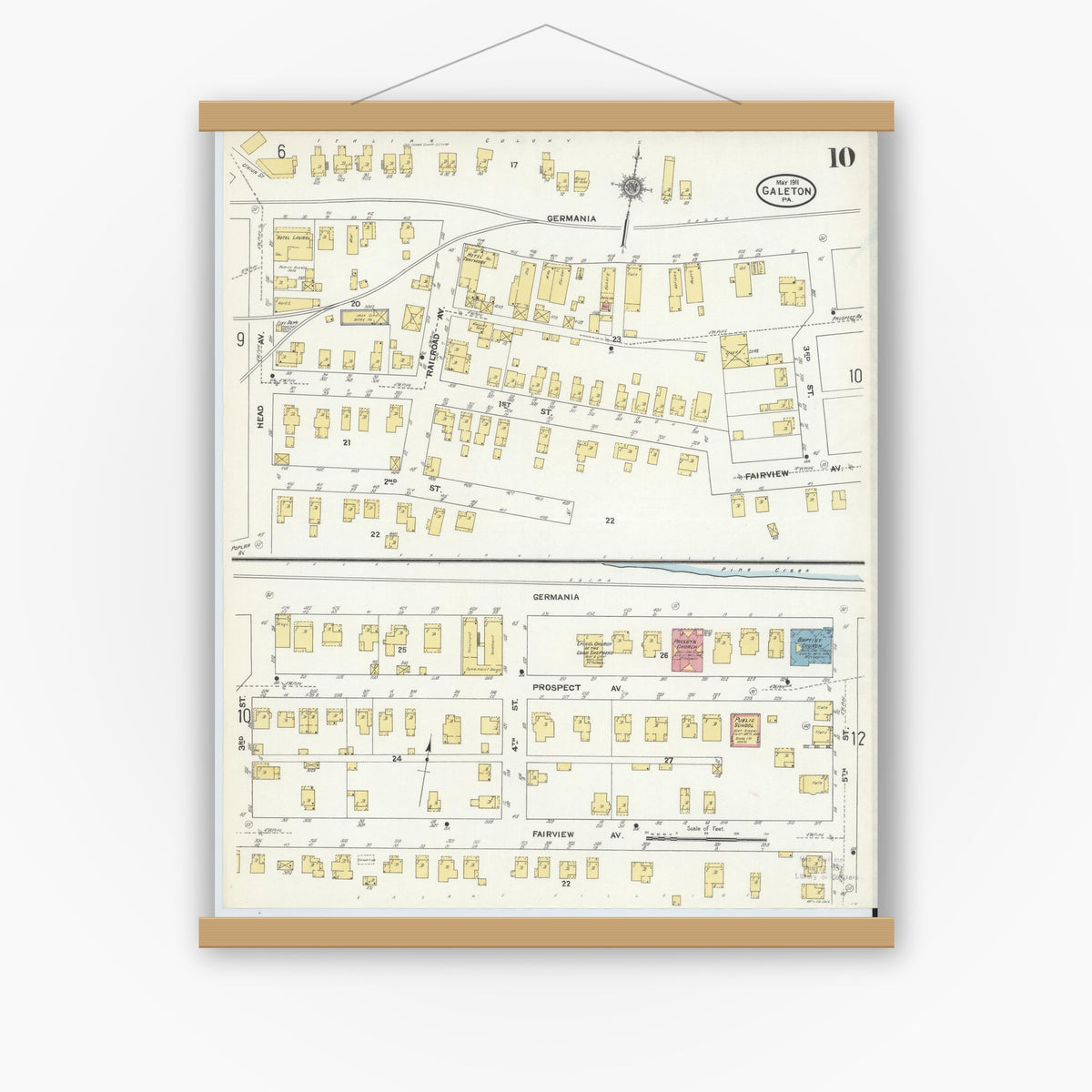 Old map wall art mockup — magnetic wood frame on white wall — Sanborn Fire Insurance Map from Galeton, Potter County, Pennsylvania (1911), Sheet #0010