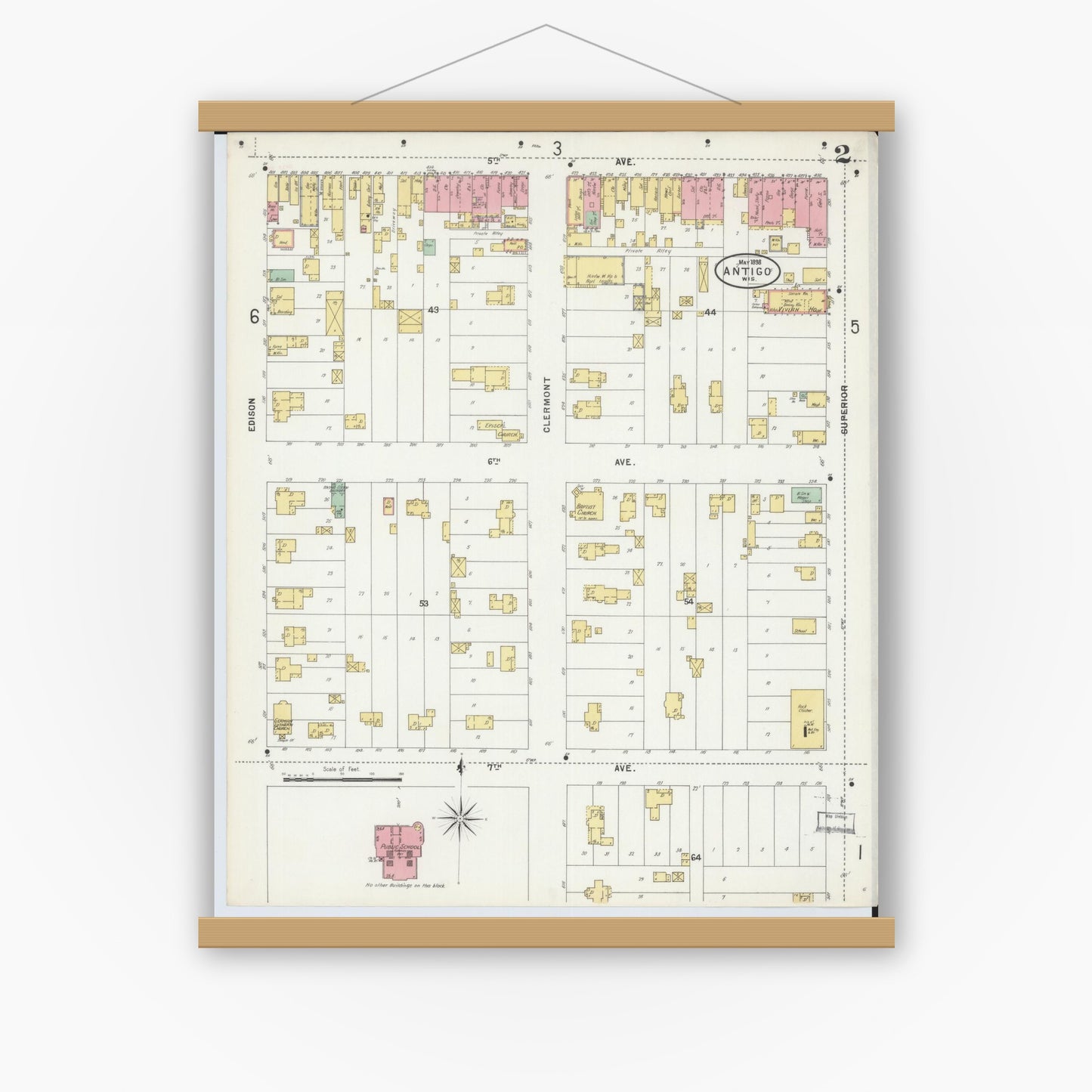 Old map wall art mockup — magnetic wood frame on white wall — Sanborn Fire Insurance Map from Antigo, Langlade County, Wisconsin (1898), Sheet #0002