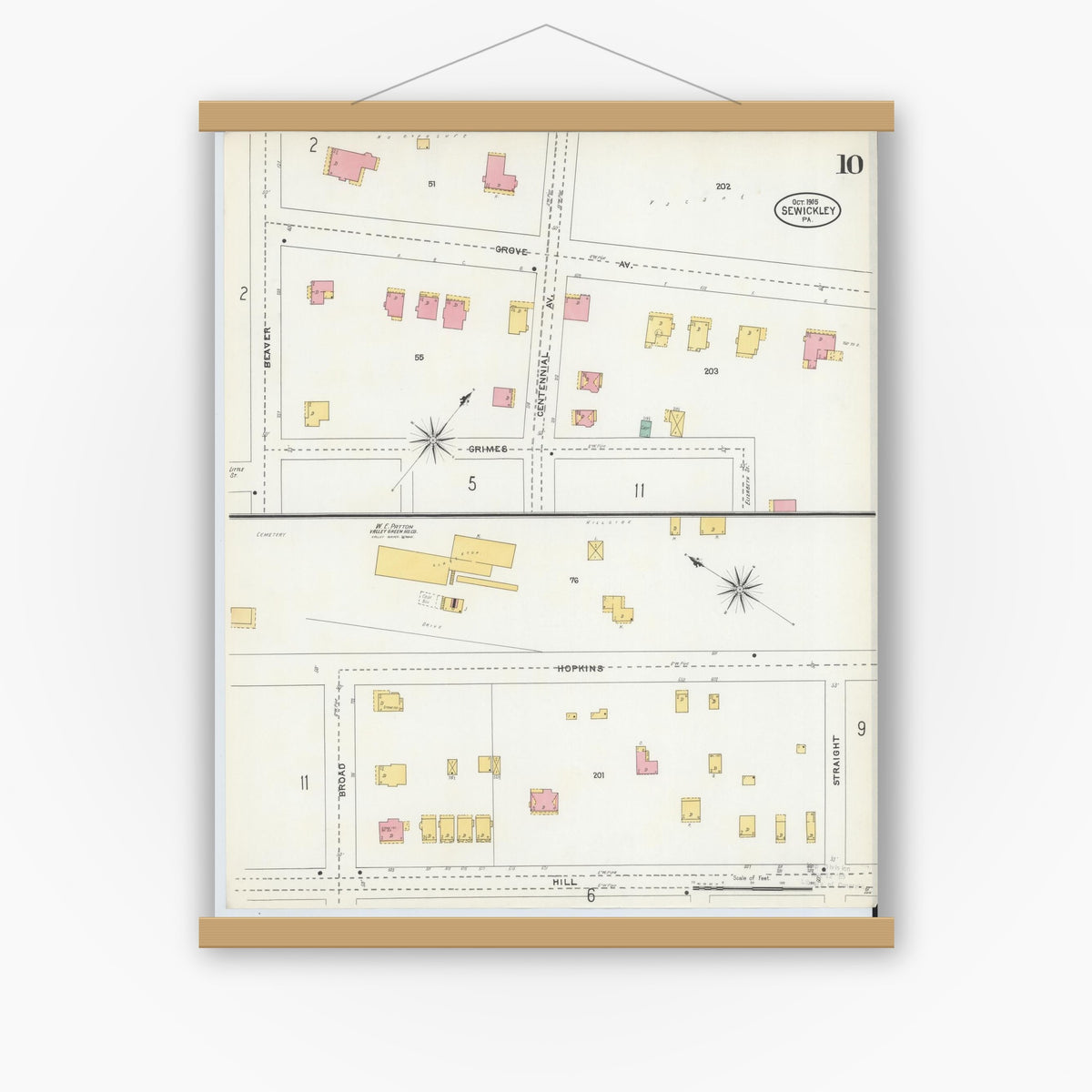 Old map wall art mockup — magnetic wood frame on white wall — Sanborn Fire Insurance Map from Sewickley, Allegheny County, Pennsylvania (1905), Sheet #0010