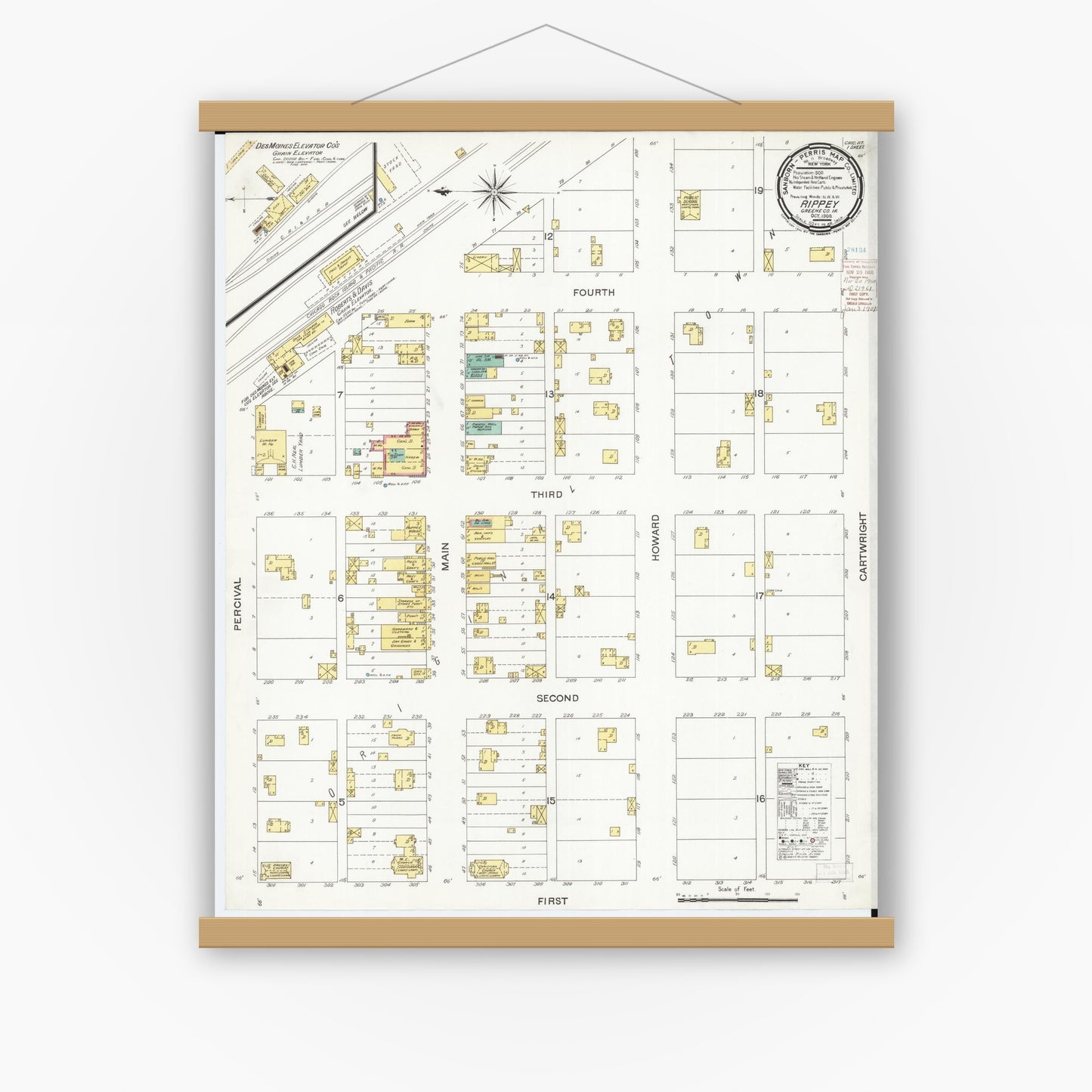 Old map wall art mockup — magnetic wood frame on white wall — Sanborn Fire Insurance Map from Rippey, Greene County, Iowa (1900), Sheet #0001
