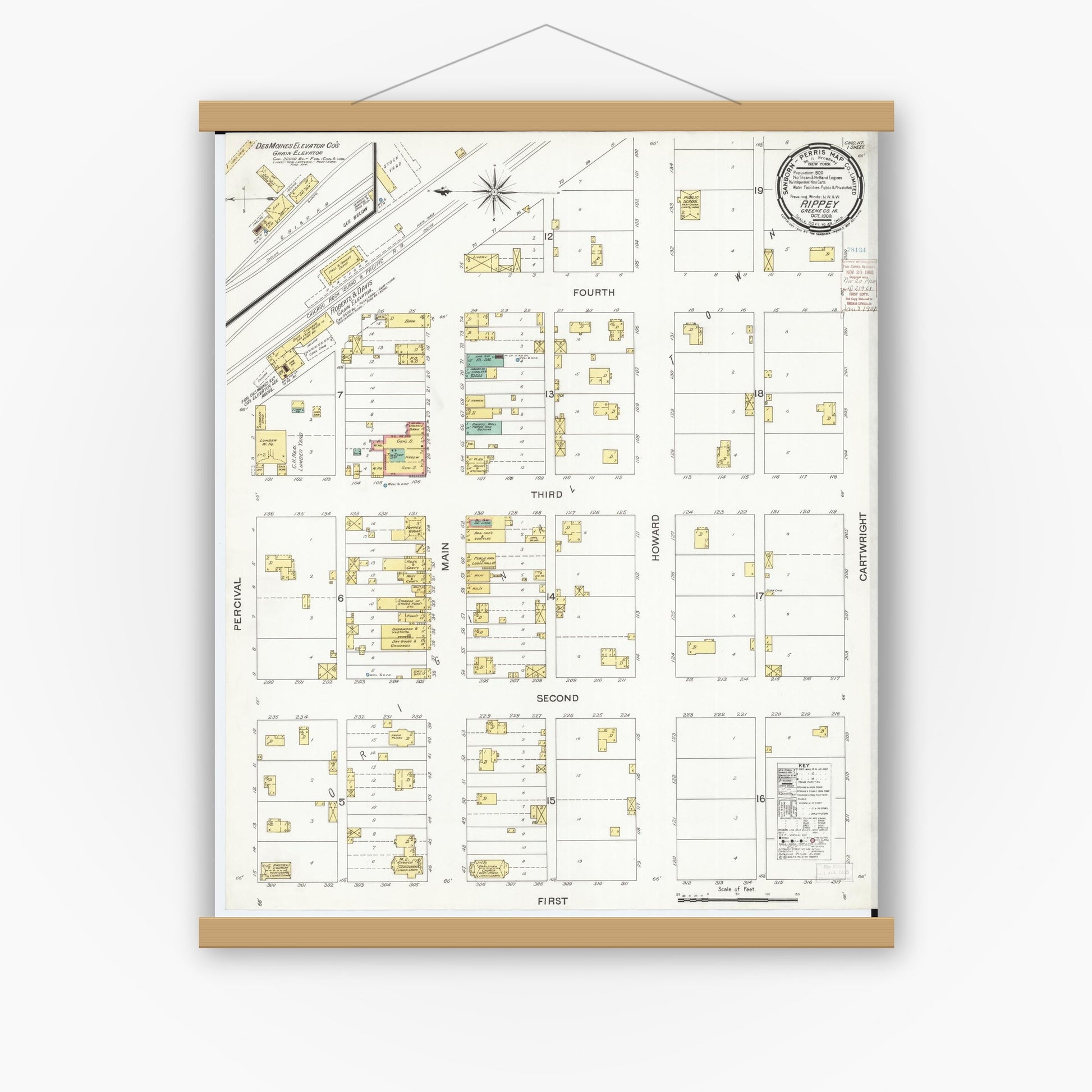 Old map wall art mockup — magnetic wood frame on white wall — Sanborn Fire Insurance Map from Rippey, Greene County, Iowa (1900), Sheet #0001