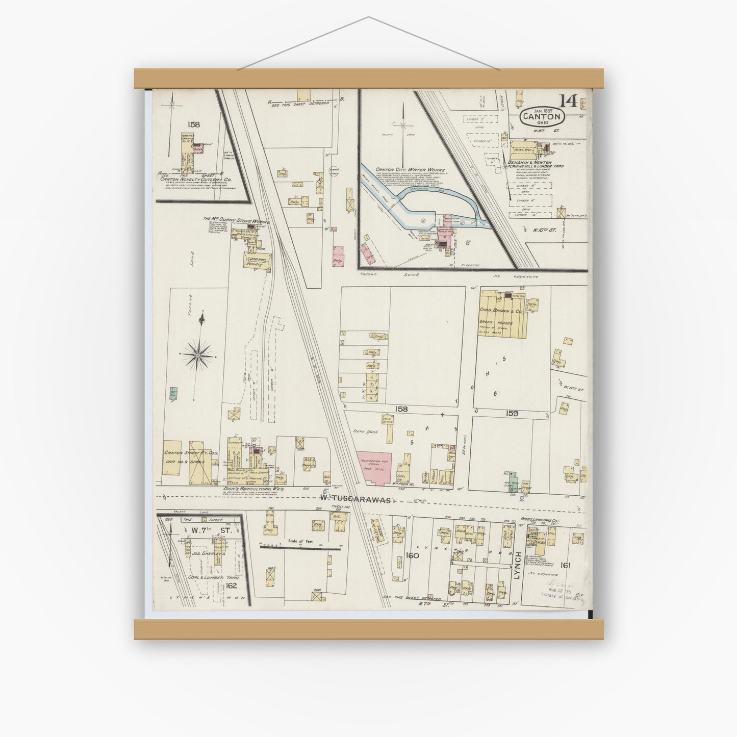 Old map wall art mockup — magnetic wood frame on white wall — Sanborn Fire Insurance Map from Canton, Stark County, Ohio (1887), Sheet #0014
