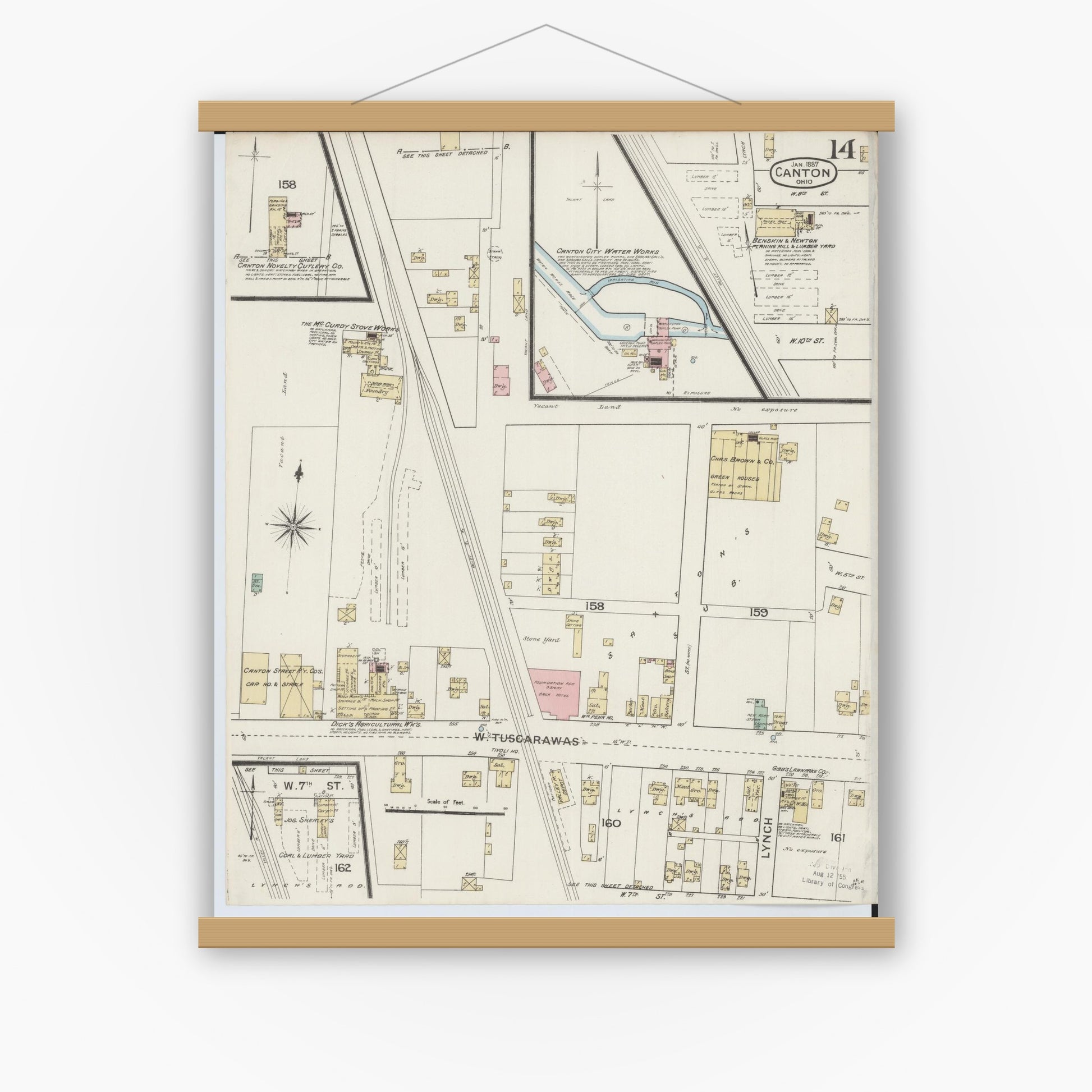 Old map wall art mockup — magnetic wood frame on white wall — Sanborn Fire Insurance Map from Canton, Stark County, Ohio (1887), Sheet #0014