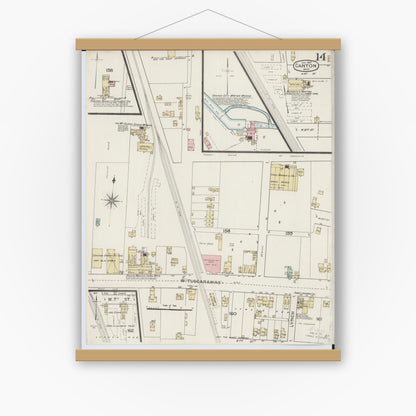 Old map wall art mockup — magnetic wood frame on white wall — Sanborn Fire Insurance Map from Canton, Stark County, Ohio (1887), Sheet #0014