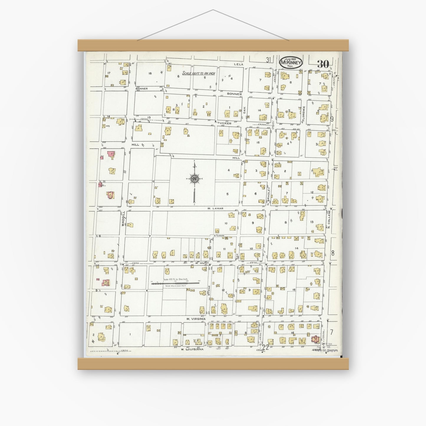 Old map wall art mockup — magnetic wood frame on white wall — Sanborn Fire Insurance Map from McKinney, Collin County, Texas (1920), Sheet #0030