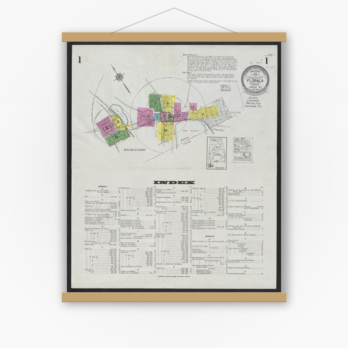 Old map wall art mockup — magnetic wood frame on white wall — Sanborn Fire Insurance Map from Florala, Covington County, Alabama (1924), Sheet #0001
