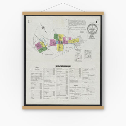 Old map wall art mockup — magnetic wood frame on white wall — Sanborn Fire Insurance Map from Florala, Covington County, Alabama (1924), Sheet #0001