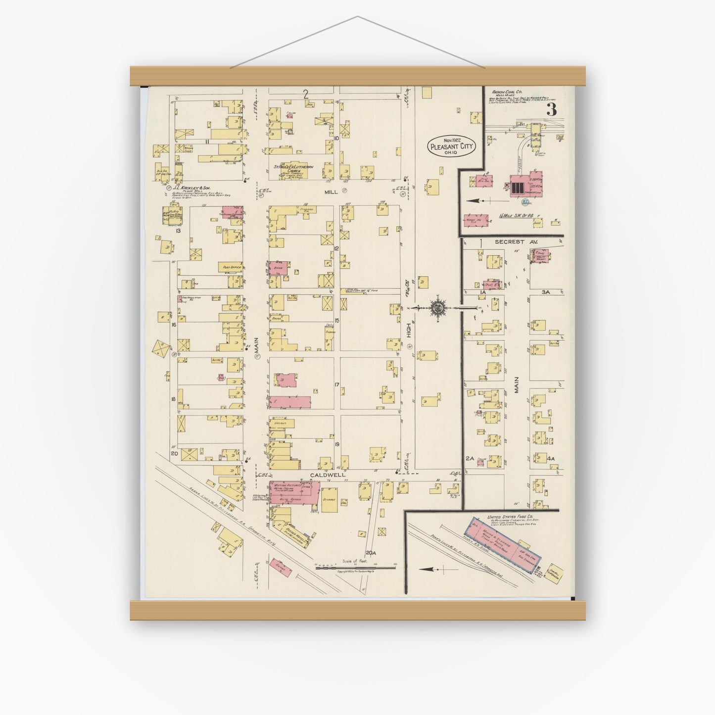 Old map wall art mockup — magnetic wood frame on white wall — Sanborn Fire Insurance Map from Pleasant City, Guernsey County, Ohio (1922), Sheet #0003