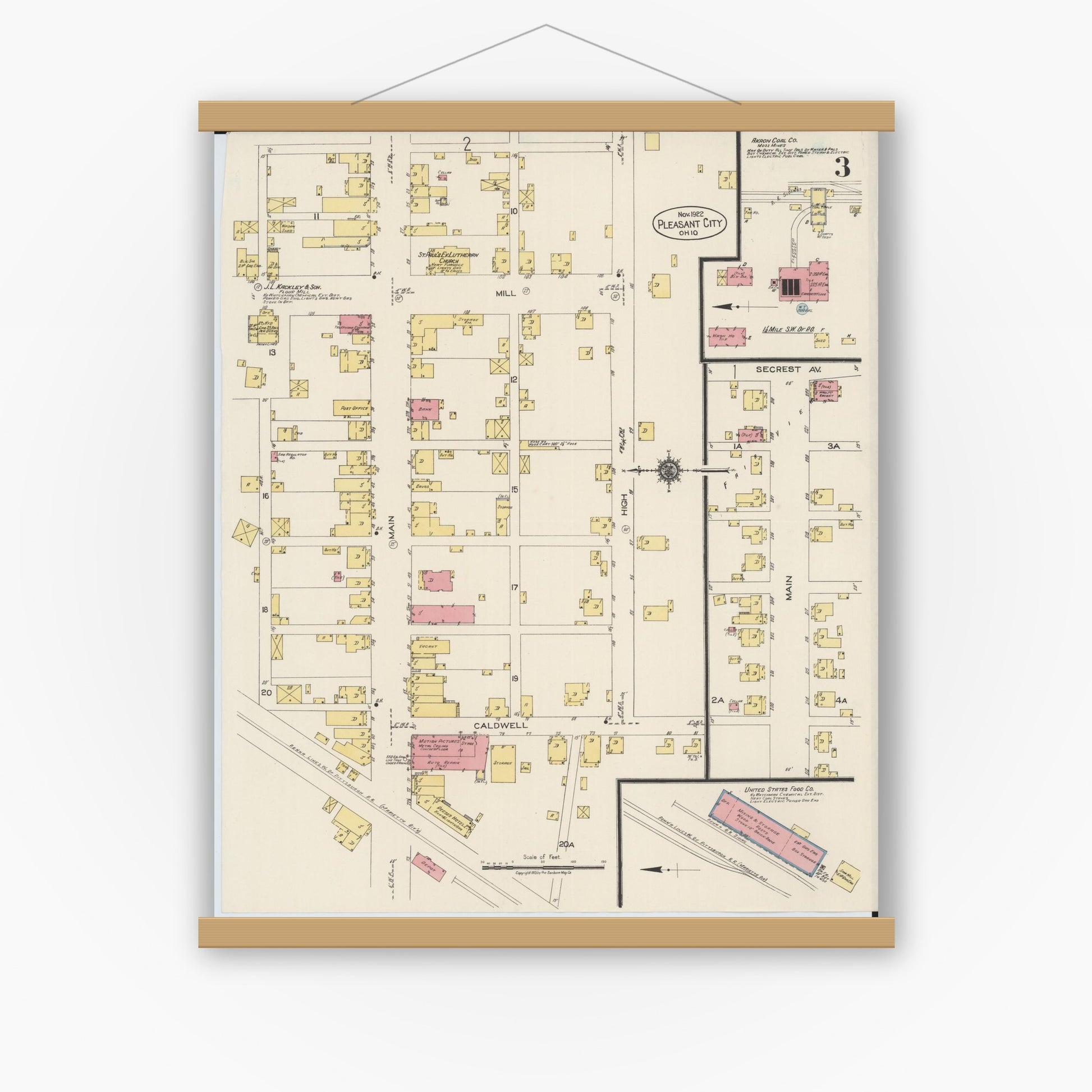 Old map wall art mockup — magnetic wood frame on white wall — Sanborn Fire Insurance Map from Pleasant City, Guernsey County, Ohio (1922), Sheet #0003