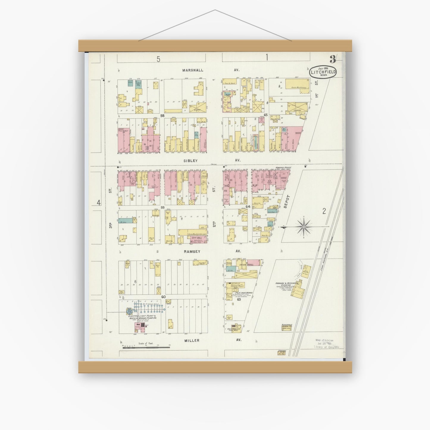 Old map wall art mockup — magnetic wood frame on white wall — Sanborn Fire Insurance Map from Litchfield, Meeker County, Minnesota (1896), Sheet #0003