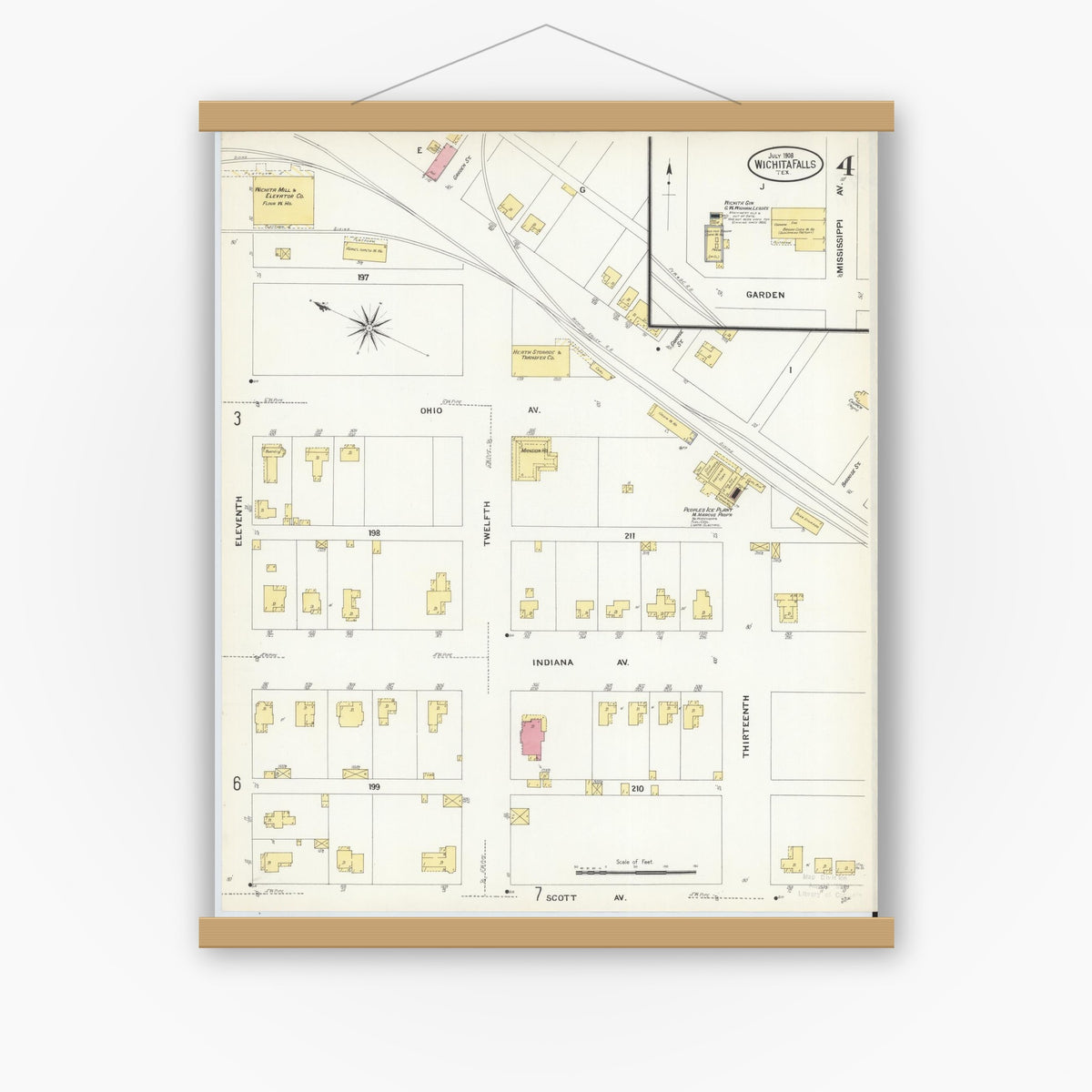 Old map wall art mockup — magnetic wood frame on white wall — Sanborn Fire Insurance Map from Wichita Falls, Wichita County, Texas (1908), Sheet #0004