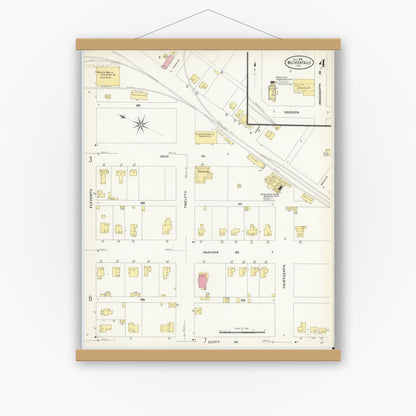 Old map wall art mockup — magnetic wood frame on white wall — Sanborn Fire Insurance Map from Wichita Falls, Wichita County, Texas (1908), Sheet #0004