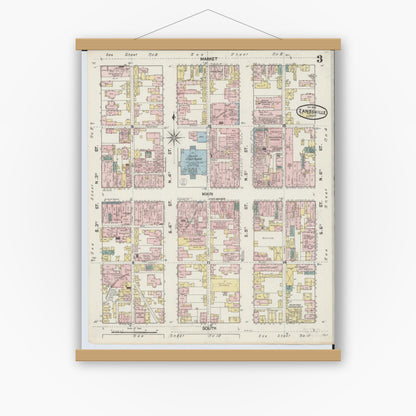 Old map wall art mockup — magnetic wood frame on white wall — Sanborn Fire Insurance Map from Zanesville, Muskingum County, Ohio (1889), Sheet #0003