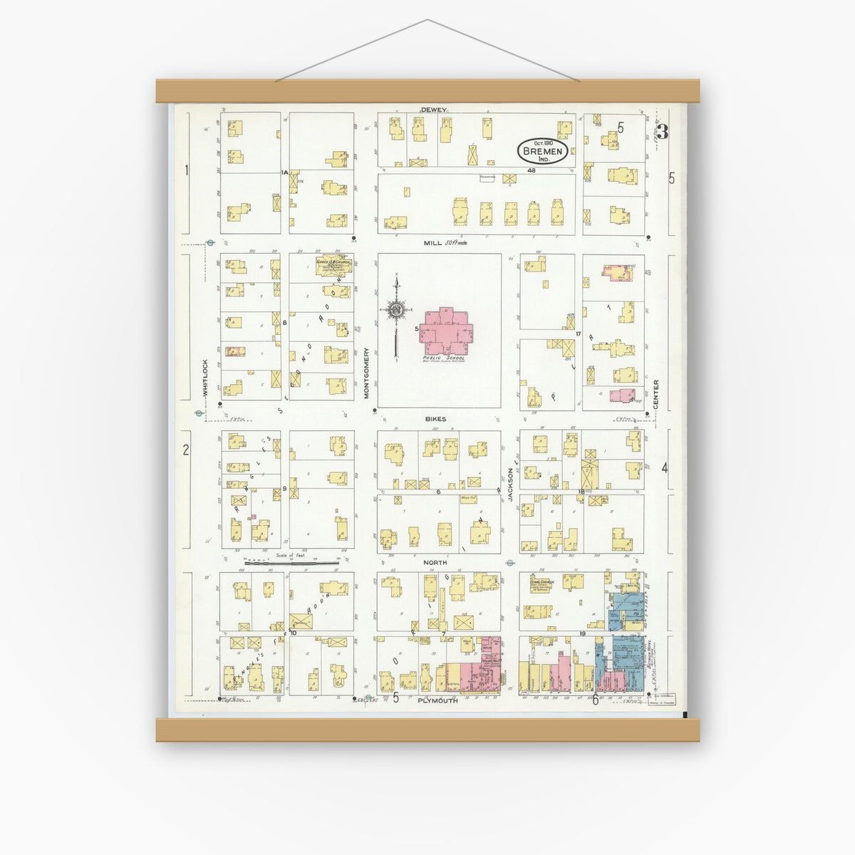 Old map wall art mockup — magnetic wood frame on white wall — Sanborn Fire Insurance Map from Bremen, Marshall County, Indiana (1910), Sheet #0003