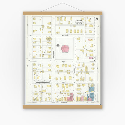 Old map wall art mockup — magnetic wood frame on white wall — Sanborn Fire Insurance Map from Bremen, Marshall County, Indiana (1910), Sheet #0003