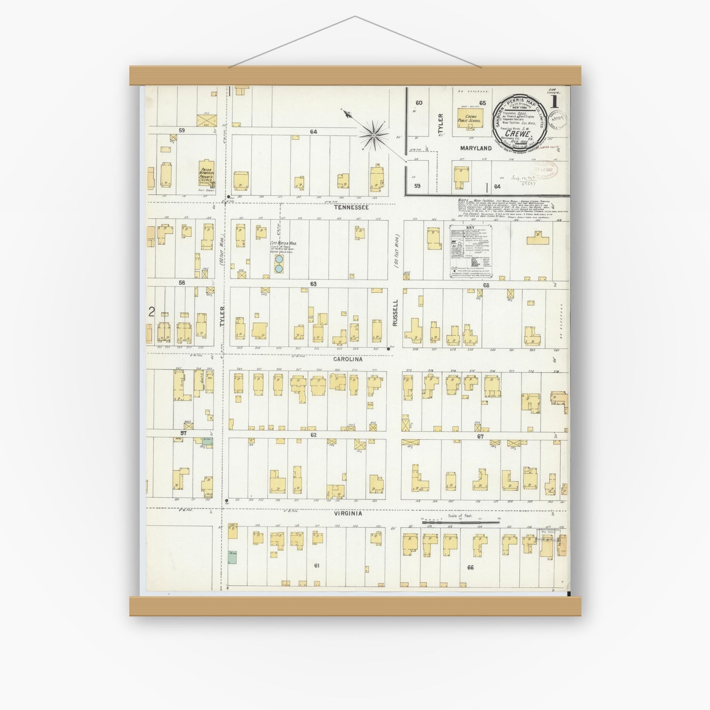 Old map wall art mockup — magnetic wood frame on white wall — Sanborn Fire Insurance Map from Crewe, Nottoway County, Virginia (1899), Sheet #0001