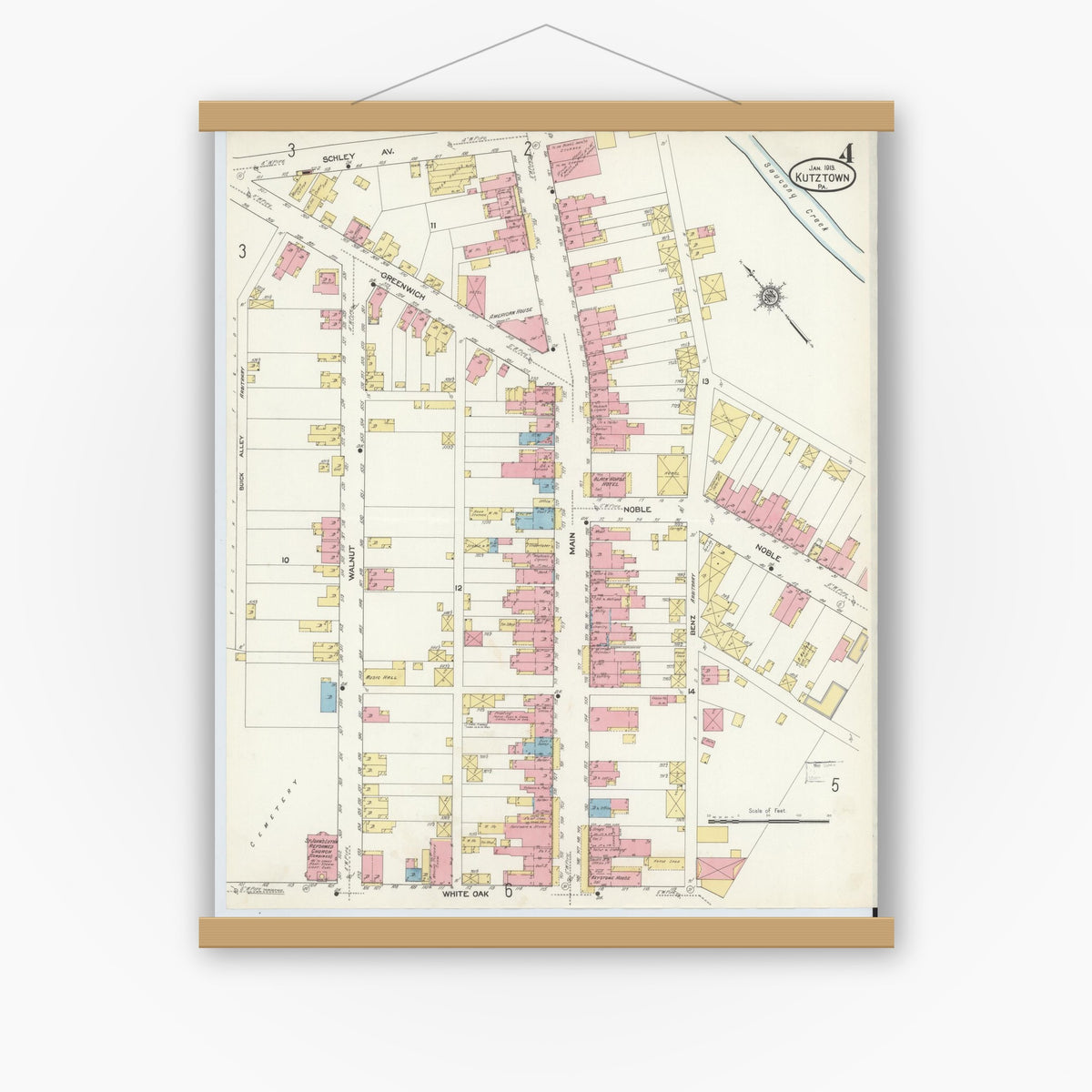Old map wall art mockup — magnetic wood frame on white wall — Sanborn Fire Insurance Map from Kutztown, Berks County, Pennsylvania (1913), Sheet #0004