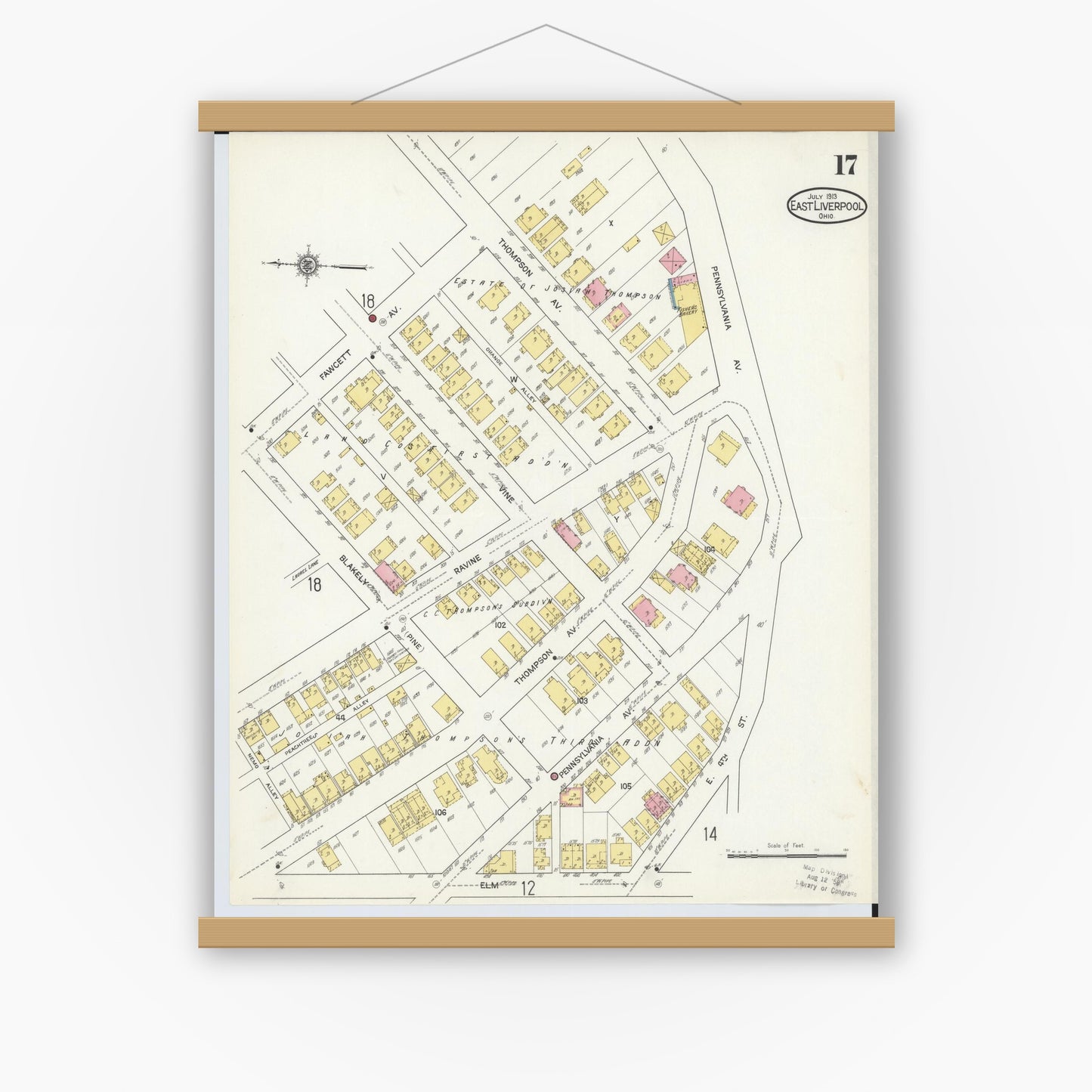Old map wall art mockup — magnetic wood frame on white wall — Sanborn Fire Insurance Map from East Liverpool, Columbiana County, Ohio (1913), Sheet #0017