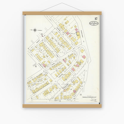 Old map wall art mockup — magnetic wood frame on white wall — Sanborn Fire Insurance Map from East Liverpool, Columbiana County, Ohio (1913), Sheet #0017