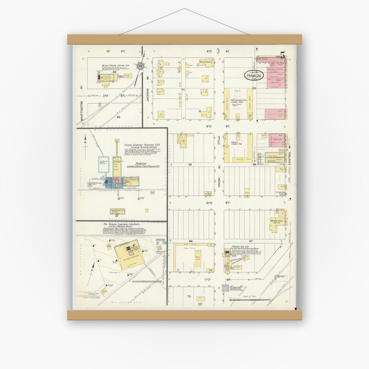 Old map wall art mockup — magnetic wood frame on white wall — Sanborn Fire Insurance Map from Hamlin, Jones County, Texas (1913), Sheet #0005