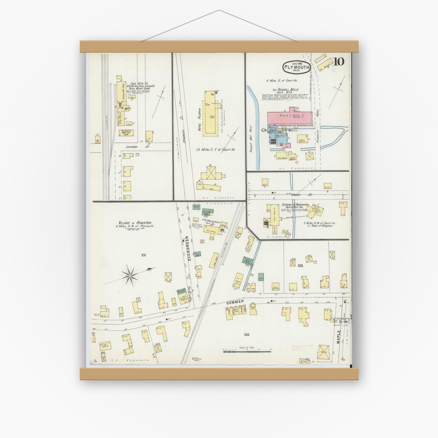 Old map wall art mockup — magnetic wood frame on white wall — Sanborn Fire Insurance Map from Plymouth, Plymouth County, Massachusetts (1896), Sheet #0010