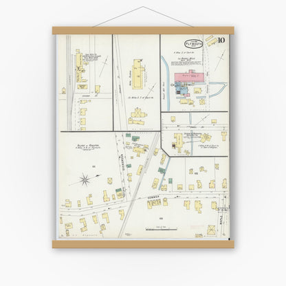 Old map wall art mockup — magnetic wood frame on white wall — Sanborn Fire Insurance Map from Plymouth, Plymouth County, Massachusetts (1896), Sheet #0010