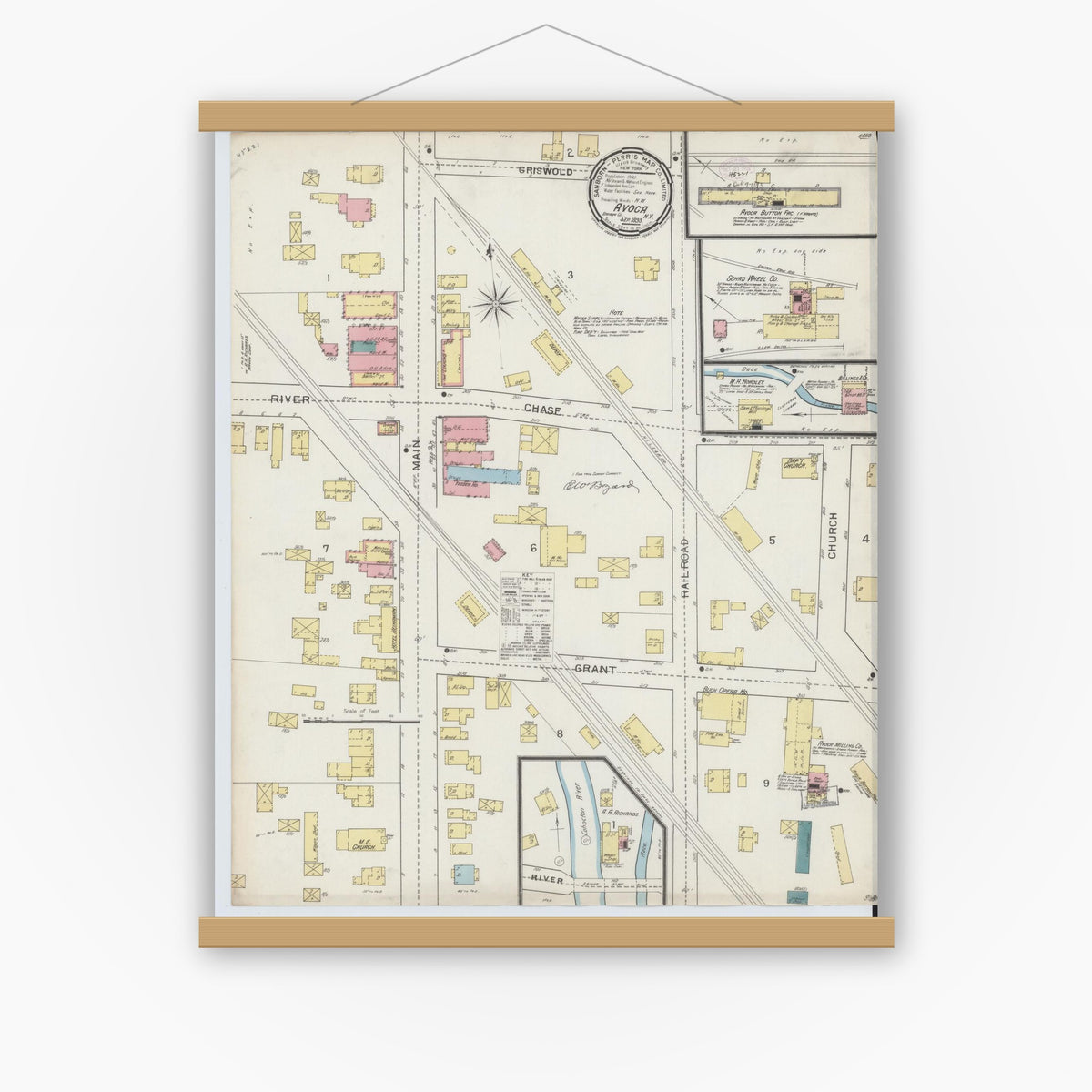 Old map wall art mockup — magnetic wood frame on white wall — Sanborn Fire Insurance Map from Avoca, Steuben County, New York (1893), Sheet #0001