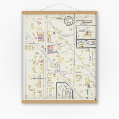Old map wall art mockup — magnetic wood frame on white wall — Sanborn Fire Insurance Map from Avoca, Steuben County, New York (1893), Sheet #0001