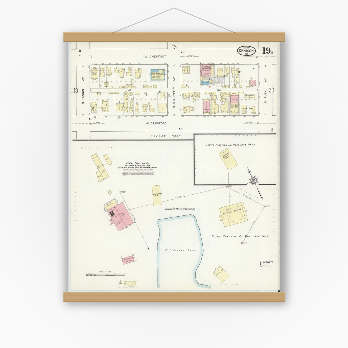 Old map wall art mockup — magnetic wood frame on white wall — Sanborn Fire Insurance Map from Denison, Grayson County, Texas (1914), Sheet #0019