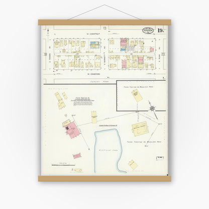 Old map wall art mockup — magnetic wood frame on white wall — Sanborn Fire Insurance Map from Denison, Grayson County, Texas (1914), Sheet #0019