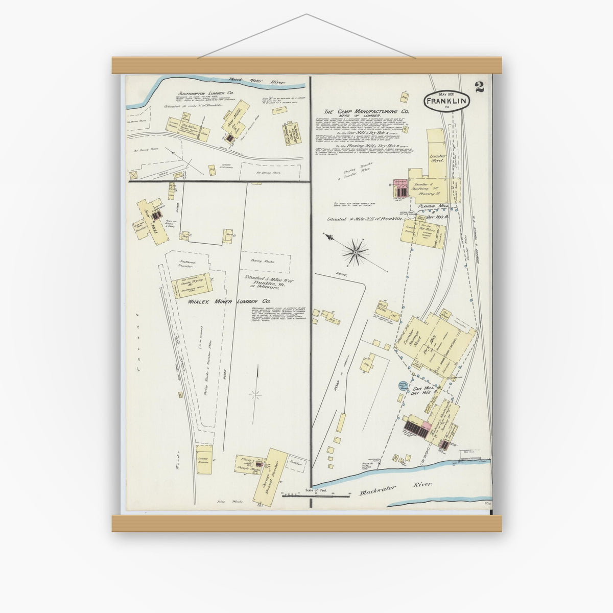 Old map wall art mockup — magnetic wood frame on white wall — Sanborn Fire Insurance Map from Franklin, Independent Cities, Virginia (1891), Sheet #0002