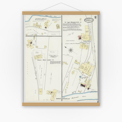 Old map wall art mockup — magnetic wood frame on white wall — Sanborn Fire Insurance Map from Franklin, Independent Cities, Virginia (1891), Sheet #0002