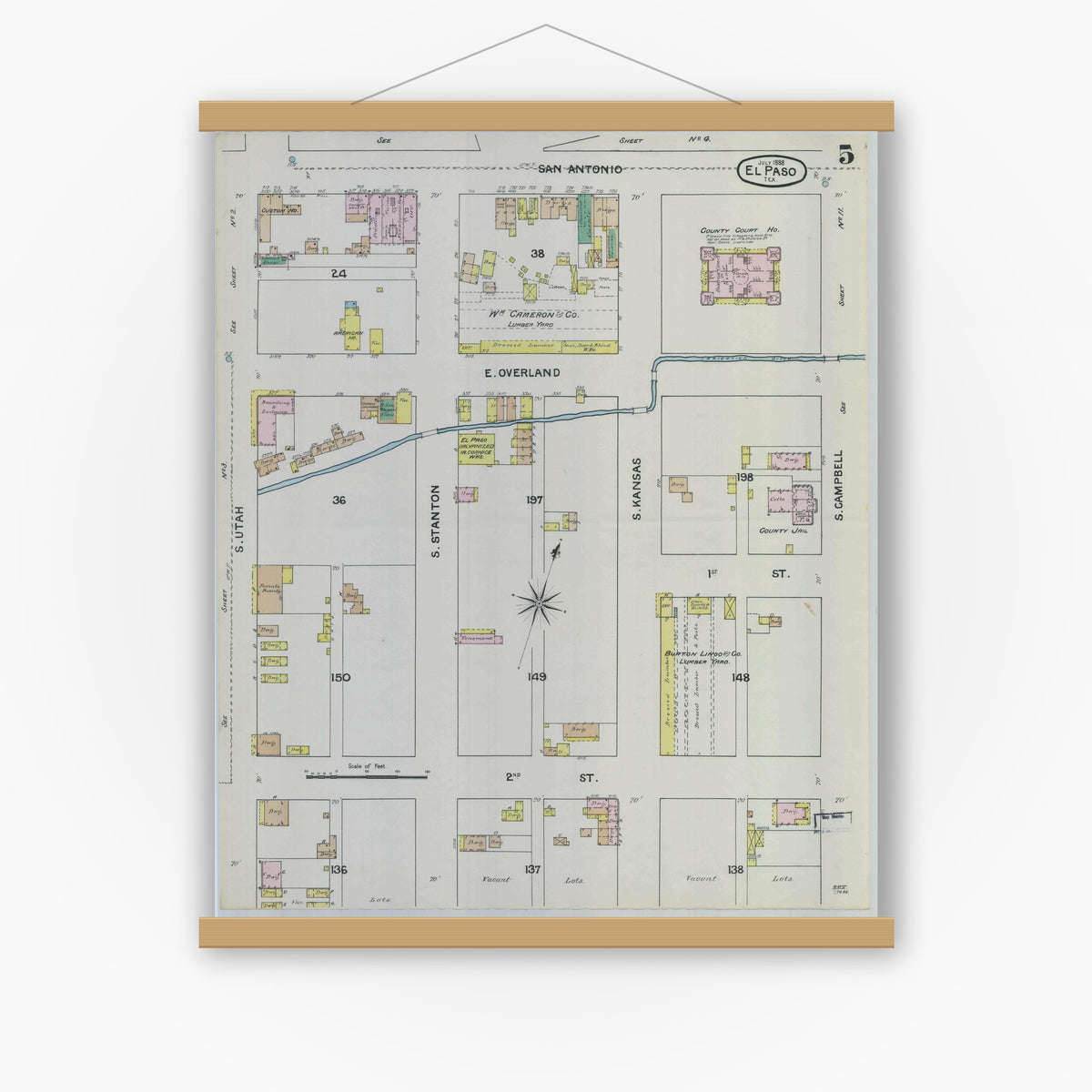 Old map wall art mockup — magnetic wood frame on white wall — Sanborn Fire Insurance Map from El Paso, El Paso County, Texas (1888), Sheet #0005