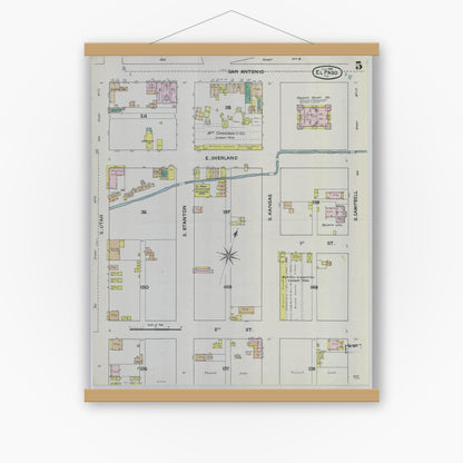 Old map wall art mockup — magnetic wood frame on white wall — Sanborn Fire Insurance Map from El Paso, El Paso County, Texas (1888), Sheet #0005