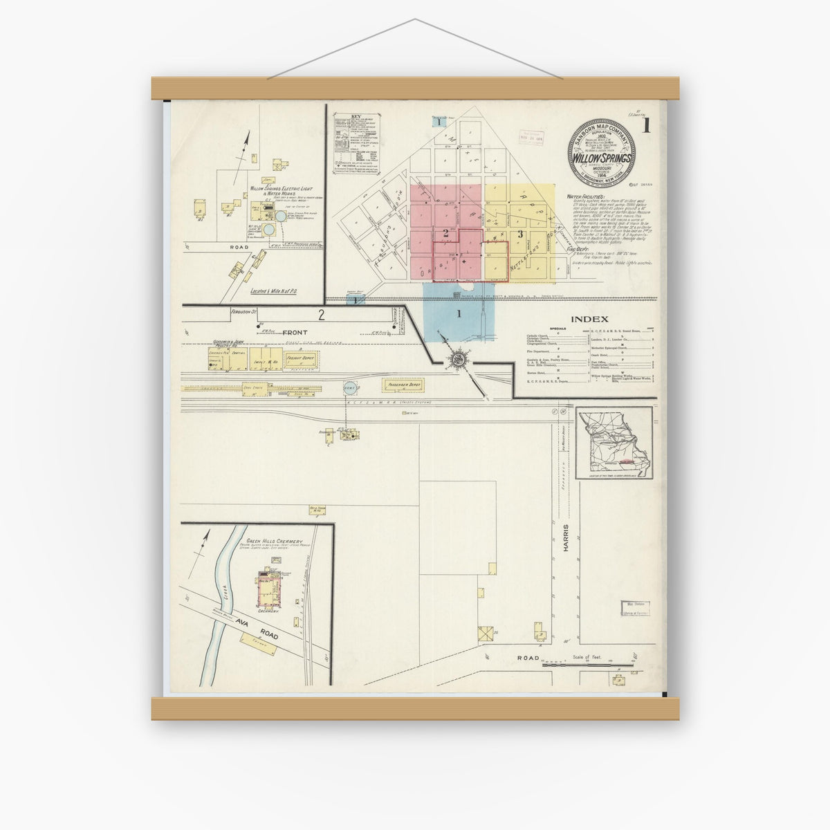 Old map wall art mockup — magnetic wood frame on white wall — Sanborn Fire Insurance Map from Willow Springs, Howell County, Missouri (1914) - Complete Map Set