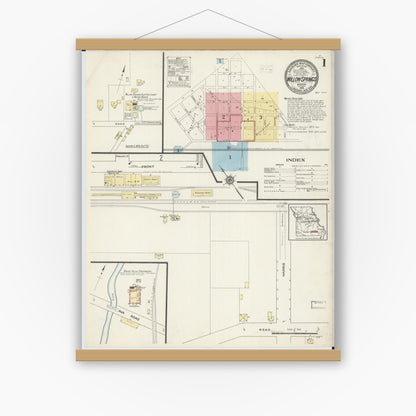 Old map wall art mockup — magnetic wood frame on white wall — Sanborn Fire Insurance Map from Willow Springs, Howell County, Missouri (1914) - Complete Map Set