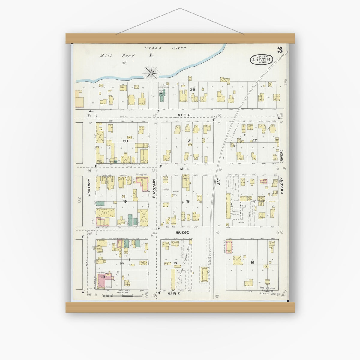 Old map wall art mockup — magnetic wood frame on white wall — Sanborn Fire Insurance Map from Austin, Mower County, Minnesota (1892), Sheet #0003